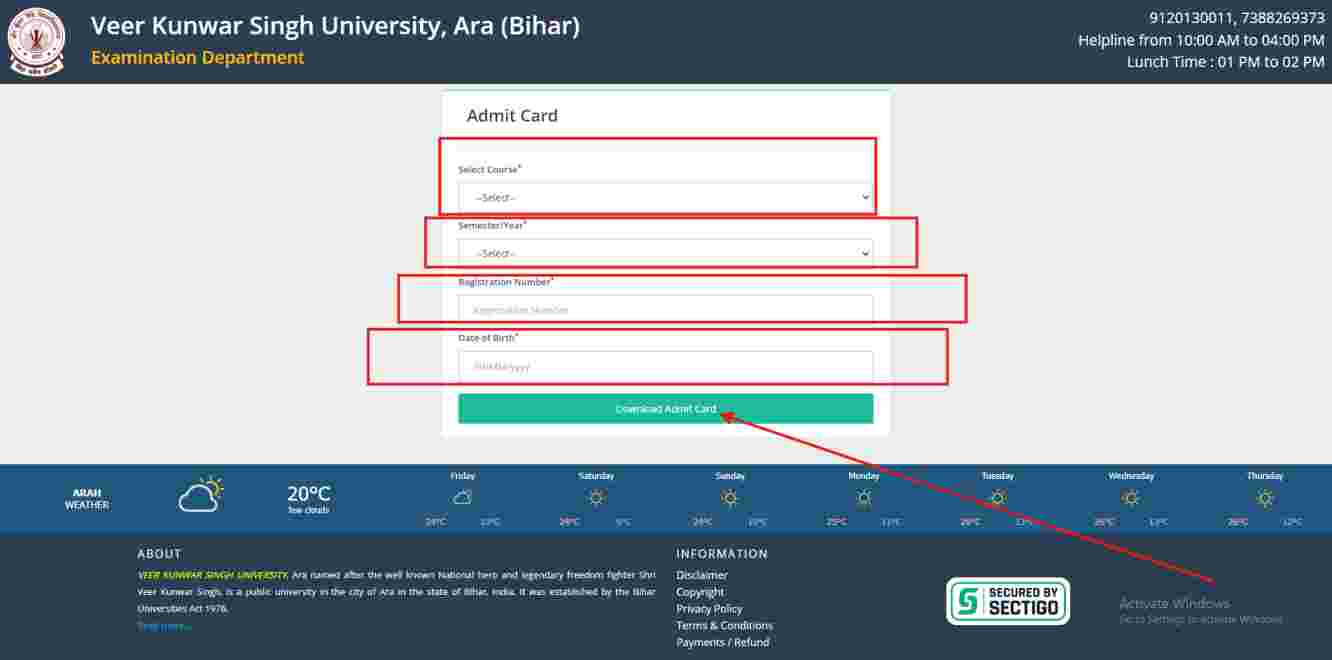 VKSU Semester 1 Admit Card